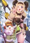  1girl ;d absurdres axe bangs battle_axe blonde_hair blue_eyes cat contrapposto fang felyne fur_trim green_coat highres horns monster_hunter monster_hunter:_world monster_hunter_portable_3rd mr.lime one_eye_closed open_mouth panties smile snow snowing staff thighs underwear v weapon winter 