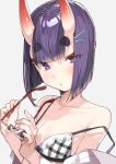  1girl bangs bare_shoulders blush bob_cut breasts collarbone eyeliner fate/grand_order fate_(series) kanzarin_(hoochikiss) looking_at_viewer makeup oni oni_horns purple_hair short_eyebrows short_hair shuten_douji_(fate/grand_order) simple_background skin-covered_horns small_breasts solo violet_eyes white_background 
