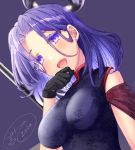  1girl :d alternate_costume black_gloves blush breasts china_dress chinese_clothes dress gloves headgear ittokyu kantai_collection large_breasts looking_at_viewer open_mouth purple_hair short_hair smile tatsuta_(kantai_collection) violet_eyes 