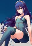  1girl alternate_costume ameno_(a_meno0) bangs blue_background blue_eyes blue_hair blue_legwear blue_shirt blue_shorts breasts collarbone commentary_request crossed_bangs eyelashes feet_out_of_frame fire_emblem fire_emblem_awakening grey_background hair_between_eyes hair_blowing hand_on_own_knee invisible_chair knees_together_feet_apart long_hair looking_at_viewer lucina lucina_(fire_emblem) parted_lips shiny shiny_hair shirt shorts sidelocks sitting sleeveless small_breasts solo spaghetti_strap tank_top thigh-highs tiara 