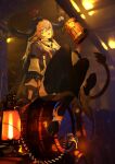  1girl :d animal_ears arknights barrel black_legwear brown_hair ceiling_light commentary_request cow_ears cow_girl cow_horns cow_tail cup flower full_body green_eyes holding holding_cup horn_ornament horn_ring horns indoors kuma20151225 lantern long_sleeves looking_at_viewer miniskirt open_mouth pallas_(arknights) pleated_skirt purple_shirt red_flower red_rose revision rose shirt short_hair_with_long_locks sidelocks sitting skirt smile solo tail white_footwear white_skirt 