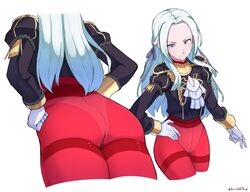  1girl artist_name ass covered_panties cropped_legs cute edelgard_von_hresvelg epaulettes fire_emblem fire_emblem:_three_houses fire_emblem:_three_houses from_above from_behind from_below grey-framed_eyewear grey_eyes grimmelsdathird hand_on_hip head_out_of_frame highres intelligent_systems long_hair looking_at_viewer nintendo panties solo twitter_username underwear white_background 