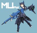  1girl alice_gear_aegis blue_background blue_eyes blue_hair bodysuit commentary_request full_body gun headphones holding holding_gun holding_weapon koashi_mutsumi looking_at_viewer mecha_musume mechanical_ears shimada_fumikane shorts simple_background solo weapon 