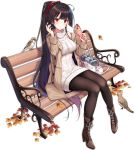  1girl agano_(azur_lane) agano_(dating_game?)_(azur_lane) aran_sweater autumn_leaves azur_lane bag bare_shoulders bench bird blush boots bow breasts brown_coat brown_hair brown_legwear coat crepe dress food hair_bow hecha_(swy1996228) high_heel_boots high_heels highres jacket large_breasts leaf long_hair long_sleeves looking_at_viewer maple_leaf off_shoulder official_art open_clothes open_coat pantyhose park_bench red_eyes sitting sleeveless smile solo sweater sweater_dress thigh-highs transparent_background turret turtleneck turtleneck_sweater very_long_hair 