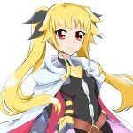  1girl bangs black_bow blonde_hair bow closed_mouth eyebrows_visible_through_hair fate_testarossa flat_chest floating_hair hair_bow haruzu2000 hat highres long_hair looking_at_viewer lyrical_nanoha mahou_shoujo_lyrical_nanoha red_eyes shiny shiny_hair simple_background smile solo upper_body very_long_hair white_background white_headwear 