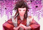  1boy bangs brown_hair dororo_(tezuka) floral_background flower frown hands_on_hilt japanese_clothes kataginu kimono long_hair male_focus own_hands_together ponytail purple_flower red_kimono redhead sakuramochi1003 samurai scar scar_across_eye solo sword tahoumaru upper_body violet_eyes weapon wisteria 