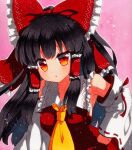  1girl bangs bare_shoulders black_hair bow breasts collar dress eyebrows_visible_through_hair hakurei_reimu hand_on_hip holding long_hair long_sleeves looking_at_viewer medium_breasts multicolored multicolored_eyes open_mouth orange_eyes pink_background qqqrinkappp red_bow red_dress red_eyes shikishi simple_background solo touhou traditional_media white_collar white_sleeves yellow_eyes yellow_neckwear 