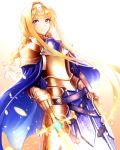  1girl absurdres alice_schuberg armor armored_dress bangs blonde_hair blue_cape blue_eyes boa_sorte bow braided_ponytail cape closed_mouth cowboy_shot dutch_angle floating_hair gauntlets hair_between_eyes hair_bow hand_on_hip highres long_hair looking_at_viewer ponytail shoulder_armor sidelocks simple_background solo spaulders standing sword sword_art_online very_long_hair weapon white_background white_bow 