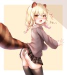  /\/\/\ 1girl absurdres animal_ears animal_print bangs beige_background black_skirt blonde_hair blush braid brown_eyes brown_legwear brown_shirt cat_panties cat_print commentary_request eyebrows_visible_through_hair hair_between_eyes highres honyang long_sleeves looking_at_viewer looking_back nose_blush open_mouth original panties plaid plaid_skirt pleated_skirt print_panties shirt short_eyebrows skindentation skirt sleeves_past_wrists solo sweat tail thick_eyebrows thigh-highs translation_request twin_braids two-tone_background underwear v-shaped_eyebrows white_background white_panties 