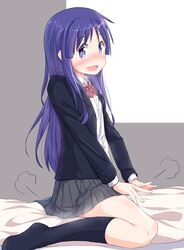  1girl black_legwear blazer blush body_pillow from_side grey_skirt highres hinata_yukari jacket kneehighs long_hair looking_at_viewer loose_necktie necktie plaid plaid_skirt pur purple_hair school_uniform skirt solo straddling sweat violet_eyes yuukin yuyushiki 