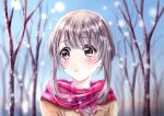  1girl blush brown_hair highres open_mouth original scarf school_uniform short_hair snow snowflakes snowing tarou_oekaki uniform winter 