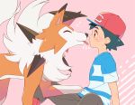 1boy baseball_cap black_hair blue_shirt brown_eyes brown_shorts closed_eyes commentary_request emphasis_lines eye_contact gen_7_pokemon hat heart licking looking_at_another lycanroc okaohito1 pink_background pokemon pokemon_(anime) pokemon_(creature) pokemon_sm_(anime) satoshi_(pokemon) shirt short_sleeves shorts simple_background sitting spiky_hair tongue tongue_out 