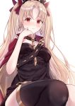  1girl bangs black_dress black_legwear blonde_hair blush cape commentary_request diadem dress earrings ereshkigal_(fate/grand_order) fate/grand_order fate_(series) frown hair_ribbon highres infinity jewelry long_hair looking_at_viewer meltymaple parted_bangs red_eyes red_ribbon ribbon simple_background single_thighhigh skull solo thigh-highs two_side_up very_long_hair white_background 