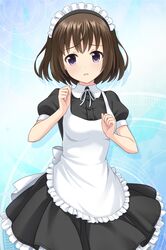  1girl absurdres alternative_girls apron asahina_nono blush brown_hair highres maid_cap maid_dress open_mouth short_hair short_sleeves white_apron 