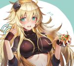  1girl bangs blonde_hair blush breasts commentary_request dakunesu embarrassed eyebrows_visible_through_hair fang food girls_frontline gloves green_eyes hair_between_eyes hair_ornament hairband holding holding_food hot jacket long_hair looking_at_viewer messy_hair motion_lines off_shoulder open_clothes open_jacket open_mouth orange_hairband pizza s.a.t.8_(girls_frontline) sidelocks solo sweat very_long_hair 