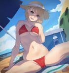  1girl :d arm_support bangs beach beach_towel beach_umbrella bikini blonde_hair blue_sky bottle breasts chromatic_aberration clouds cooler cowboy_shot crotch_seam day dutch_angle groin hair_ornament hairclip hand_on_own_chest hand_up hat hat_ribbon head_tilt highres horizon looking_at_viewer medium_breasts navel ocean on_ground open_mouth original outdoors red_bikini ribbon sand shade shiny shiny_skin sitting skindentation sky smile solo spread_legs straw_hat string_bikini swimsuit towel umbrella under_boob water_bottle yeedee yellow_eyes 
