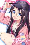 1girl :d arm_up baseball_cap black_hair black_headwear blue_eyes clothes_writing commentary dated glasses hand_on_headwear happy_birthday hat heart highres idolmaster idolmaster_shiny_colors jacket jenevan long_hair long_sleeves looking_at_viewer mitsumine_yuika open_clothes open_jacket open_mouth pink_jacket round_eyewear shirt smile solo squatting white_shirt yellow-framed_eyewear