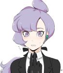  1girl 2018 bangs black_gloves black_neckwear black_suit blush commentary earpiece embarrassed english_commentary eyelashes face gloves highres lila_(pokemon) long_hair looking_at_viewer milka_(milk4ppl) necktie pokemon pokemon_(game) pokemon_sm ponytail purple_hair signature simple_background solo sweat violet_eyes white_background 
