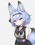  1girl animal_ears arms_behind_back bell blue_hair bow choker commentary_request dress fox_ears fox_tail gomrang hairband highres jingle_bell korean_commentary orange_eyes short_hair sleeveless sleeveless_dress smile tail vrchat yuuko-zoku_no_onee-chan 