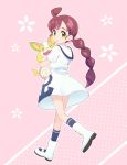  1girl anchor_symbol blue_legwear boots brown_hair dress floral_background from_behind gen_8_pokemon green_eyes holding_another long_ponytail looking_at_viewer okaohito1 open_mouth pink_background pokemon pokemon_(anime) pokemon_(creature) pokemon_swsh_(anime) sakuragi_koharu skirt socks walking white_dress white_footwear yamper 