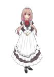  1girl :d asa_no_ha black_dress black_footwear blush dress full_body grey_legwear hands_together highres long_hair long_sleeves maid open_mouth original puffy_long_sleeves puffy_sleeves red_eyes simple_background smile solo twintails two-tone_dress white_background white_dress 
