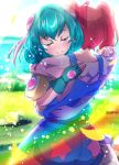  2girls aqua_hair blue_gloves closed_eyes closed_mouth commentary_request eyebrows_visible_through_hair fingerless_gloves gloves hagoromo_lala highres hoshina_hikaru hug multicolored_hair multiple_girls pink_hair precure precure_cure_moonlight redhead short_hair smile star star_twinkle_precure streaked_hair tears twintails 