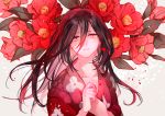  1girl black_hair blurry dororo_(tezuka) eyelashes floral_background floral_print flower_request hair_between_eyes japanese_clothes kimono long_hair looking_at_viewer mio_(dororo) parted_lips petals red_kimono red_theme sad sakuramochi1003 solo upper_body 