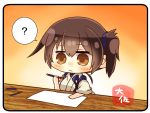  1girl ? artist_name brown_eyes brown_hair commentary_request gradient gradient_background japanese_clothes kaga_(kantai_collection) kantai_collection long_hair paper pencil side_ponytail solo spoken_question_mark table taisa_(kari) tasuki upper_body yellow_background 