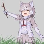  1girl :d ^_^ animal_ear_fluff animal_ears bangs belt closed_eyes cowboy_shot dog_(mixed_breed)_(kemono_friends) dog_ears elbow_gloves eyebrows_visible_through_hair facing_away fangs fur-trimmed_sleeves fur_trim gloves grass grey_background grey_hair grey_skirt holding_stick kemono_friends multicolored_hair nyifu open_mouth outstretched_arm pantyhose pleated_skirt short_hair short_sleeves simple_background skirt smile solo stick two-tone_hair white_gloves white_hair white_legwear 