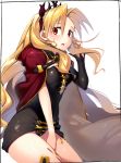  1girl asymmetrical_legwear asymmetrical_sleeves bangs between_breasts black_legwear black_leotard blonde_hair blush bow breasts cape detached_collar earrings ereshkigal_(fate/grand_order) fate/grand_order fate_(series) hair_bow highres jewelry kei_(soundcross) leotard long_hair looking_at_viewer medium_breasts open_mouth parted_bangs red_bow red_cape red_eyes simple_background single_sleeve single_thighhigh skull solo spine thigh-highs thighs tiara two_side_up white_background 
