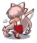  1girl bow chinese_commentary commentary_request dab_(dance) fujiwara_no_mokou full_body hair_bow long_hair lowres pants pink_hair red_footwear red_pants shangguan_feiying shirt shoes short_sleeves simple_background solo standing suspenders touhou very_long_hair white_background white_bow white_shirt 