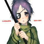  1girl blue_hair breasts chrome_dokuro commentary_request eyepatch katekyo_hitman_reborn looking_at_viewer open_mouth polearm school_uniform short_hair simple_background solo weapon white_background 