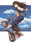  1girl bare_legs brown_hair clouds dress earrings green_eyes ground_vehicle idolmaster idolmaster_cinderella_girls jacket jewelry long_hair motor_vehicle pants satomura_kyou shibuya_rin shoes sky smile solo wheelie 