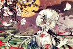  1girl bangs blush clouds eyebrows_visible_through_hair flower highres japanese_clothes kimono long_hair no_nm_00 oni original outdoors pale_skin petals pointy_ears red_nails solo standing upper_body very_long_hair watermark white_hair yellow_eyes 