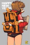  1girl 2019 androgynous backpack bag black_shorts boar brown_hair chinese_zodiac commentary_request cowboy_shot english_text face_mask from_behind grey_background happy_new_year holding holding_map kawatarou long_sleeves looking_at_viewer map mask nengajou new_year orange_backpack orange_eyes original profile short_hair short_shorts shorts simple_background solo year_of_the_pig 