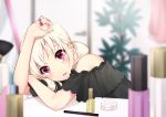  1girl bangs black_dress blonde_hair blurry blurry_background bon_(bonbon315) commentary_request door dress eyebrows_visible_through_hair face indoors looking_at_viewer medium_hair nail_polish original purple_nails solo twintails violet_eyes 
