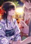  1boy 2girls black_legwear blush brown_hair crying festival floral_print flower hair_flower hair_ornament highres japanese_clothes je35353577 kimono lips long_hair multiple_girls open_mouth original print_kimono school_uniform summer_festival violet_eyes yukata 