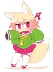  1girl animal_ear_fluff animal_ears bangs bell bell_collar blonde_hair blush borrowed_character collar eyebrows_visible_through_hair fox_ears fox_girl fox_tail full_body green_shirt hair_between_eyes hair_bun hair_ornament ini_(inunabe00) jitome kemomimi-chan_(naga_u) long_sleeves motion_lines neckerchief original pleated_skirt red_collar red_eyes red_skirt sailor_collar shadow shirt sidelocks simple_background skirt sleeves_past_fingers sleeves_past_wrists solo tail thigh-highs white_legwear white_sailor_collar yellow_neckwear 