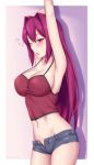  1girl ;o armpits arms_up bangs blush breasts camisole collarbone commentary_request cowboy_shot denim denim_shorts groin hair_between_eyes hair_down hair_intakes highres large_breasts long_hair midriff navel no_jacket one_eye_closed open_fly open_mouth red_camisole red_eyes redhead shadow short_shorts shorts sidelocks sleepy solo soukitsu stretch taut_clothes thighs twitter_username under_night_in-birth yawning yuzuriha_(under_night_in-birth) 