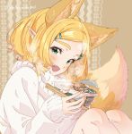  1girl animal_ears bangs blonde_hair blush bowl chopsticks fang fox_ears fox_girl fox_tail green_eyes hair_ornament hairclip instant_ramen knees_to_chest long_sleeves looking_at_viewer open_mouth parted_bangs patterned_background pointy_ears princess_zelda short_hair shuri_(84k) sitting smile solo steam sweater tail the_legend_of_zelda the_legend_of_zelda:_breath_of_the_wild the_legend_of_zelda:_breath_of_the_wild_2 thick_eyebrows twitter_username white_sweater 