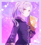  1girl bangs book brown_eyes closed_mouth corrin_(fire_emblem) corrin_(fire_emblem)_(female) fire_emblem fire_emblem_awakening holding indisk_irio long_hair long_sleeves looking_at_viewer nail_polish parted_bangs pink_nails shiny shiny_hair silver_hair solo twintails twitter_username upper_body 