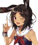  1girl animal_ear_fluff animal_ears arm_up azur_lane brown_hair commentary_request dark_skin ear_ribbon highres i-26_(azur_lane) index_finger_raised nozo_(hibi_tsurezure) one-piece_swimsuit one_eye_closed open_mouth rabbit_ears red_eyes sailor_collar short_hair simple_background smile solo strapless strapless_swimsuit swimsuit upper_body white_background 