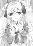  1girl ahoge bangs collarbone double_bun eyebrows_visible_through_hair greyscale hair_between_eyes hair_ribbon highres long_sleeves looking_at_viewer momoko_(momopoco) monochrome necktie novel_illustration official_art oshiego_ni_kyouhaku_sareru_no_wa_hanzai_desu_ka? ribbon sharing_food solo upper_body yayaya_yaya 