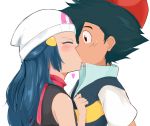  1boy 1girl black_hair black_shirt blue_hair blush brown_eyes closed_eyes from_side hair_ornament hairclip haruzu2000 hat hetero hikari_(pokemon) kiss long_hair pokemon pokemon_(anime) red_scarf satoshi_(pokemon) scarf shiny shiny_hair shirt short_sleeves simple_background sleeveless sleeveless_shirt upper_body white_background white_headwear 