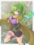  1girl bangs belt bike_shorts blurry blurry_background bodysuit border breasts brown_cloak brown_gloves cloak collar commentary_request covered_navel duel_monster elbow_gloves eyebrows_visible_through_hair gloves green_eyes green_hair grey_border hair_ornament highres holding holding_staff holding_stuffed_animal jewelry large_breasts leg_warmers long_hair looking_at_viewer necklace ponytail sandals smile solo spiritual_beast_tamer_winda staff standing standing_on_one_leg stuffed_animal stuffed_bunny stuffed_toy thigh_strap tsumayouji_(dekosoko) yuu-gi-ou 