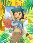  arm_behind_back black_hair blue_sky brown_eyes brown_pants gen_1_pokemon gen_4_pokemon gen_7_pokemon highres leaf midriff navel okaohito1 one_eye_closed open_mouth pants pikachu poke_ball_symbol pokemon pokemon_(anime) pokemon_(creature) pokemon_on_shoulder pokemon_sm_(anime) rotom rotom_dex satoshi_(pokemon) shirt_lift short_sleeves sky spiky_hair tapu_koko upper_teeth z-ring 