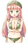  1girl :d arnest bangs bare_arms bare_shoulders beret bikini black_bow blush bow braid breast_hold breasts collarbone commentary_request cowboy_shot crossed_arms eyebrows_visible_through_hair green_bikini green_eyes green_headwear hair_bow hat hong_meiling large_breasts long_hair looking_at_viewer navel open_mouth redhead side-tie_bikini simple_background smile solo standing star stomach sweat swimsuit touhou twin_braids very_long_hair white_background 