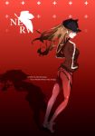  1girl absurdres black_headwear blue_eyes bodysuit brown_hair brown_jacket closed_mouth floating_hair full_body hat highres jacket long_hair long_sleeves looking_at_viewer neon_genesis_evangelion plugsuit profile red_background red_bodysuit shadow shikinami_asuka_langley shiny shiny_clothes shiny_hair skin_tight solo souryuu_asuka_langley standing track_jacket very_long_hair yuan_long 