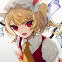  1girl ascot bangs blonde_hair bow commentary_request crystal daimaou_ruaeru eyebrows_visible_through_hair fang flandre_scarlet grey_background hat hat_bow highres looking_at_viewer mob_cap one_side_up open_mouth puffy_short_sleeves puffy_sleeves red_bow red_eyes red_vest shirt short_hair short_sleeves simple_background solo touhou upper_body vest white_headwear white_shirt wings yellow_neckwear 