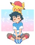  baseball_cap black_hair blue_footwear blue_shirt blush brown_shorts closed_eyes gen_1_pokemon grin hand_on_feet happy hat hat_removed headwear_removed heart indian_style okaohito1 pikachu pokemon pokemon_(anime) pokemon_(creature) pokemon_on_head pokemon_sm_(anime) satoshi_(pokemon) shirt short_sleeves shorts sitting smile spiky_hair striped striped_shirt translation_request z-ring 